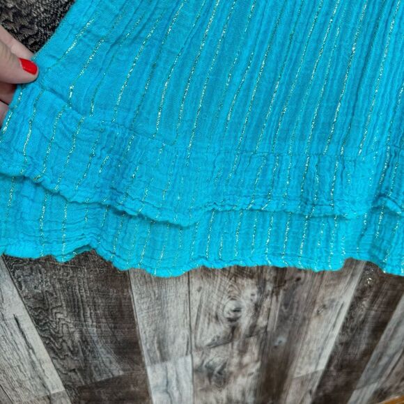 Vintage 80’s Gauze Teal w/Gold Embroidery Metallic Details Dress/Swim Cover Up - Picture 5 of 8